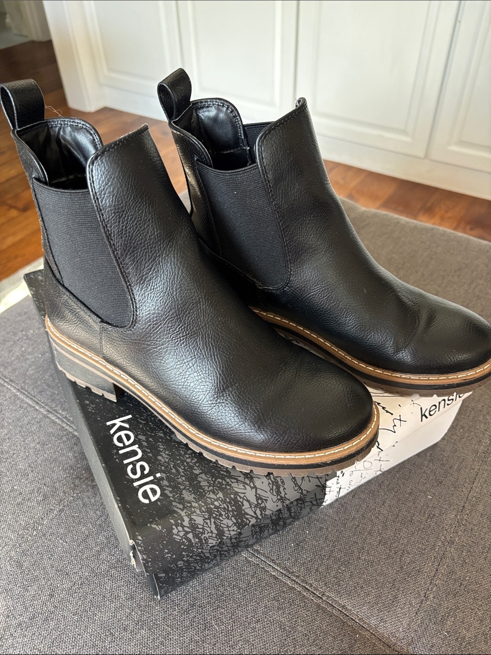 Kensie Black Leather Boots with Brown Welt
